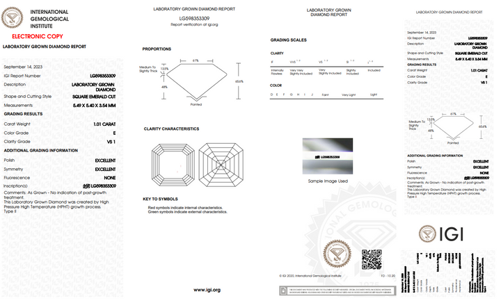 DIAMANT CULTIVÉ EN LABORATOIRE ÉMERAUDE CARRÉ DE 1,01 CT CERTIFIÉ IGI, CLARTÉ VS1, COULEUR E