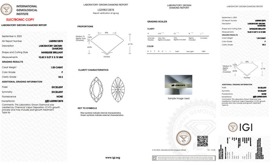 IGI CERTIFIED 1.01 CT MARQUISE LAB-GROWN DIAMOND, VS2 CLARITY, F COLOR