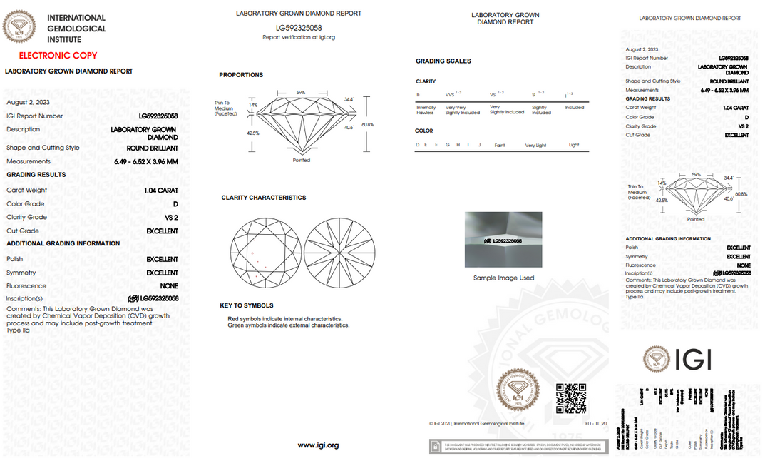 IGI CERTIFIED 1.04 CT ROUND LAB GROWN DIAMOND, VS2 CLARITY