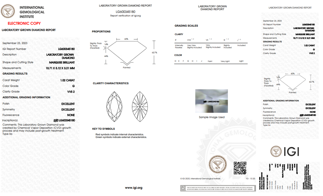 DIAMANTE CRECIDO EN LABORATORIO DE 1,02 CT DE TALLA MARQUESA CON CERTIFICACIÓN IGI - CLARIDAD VVS2