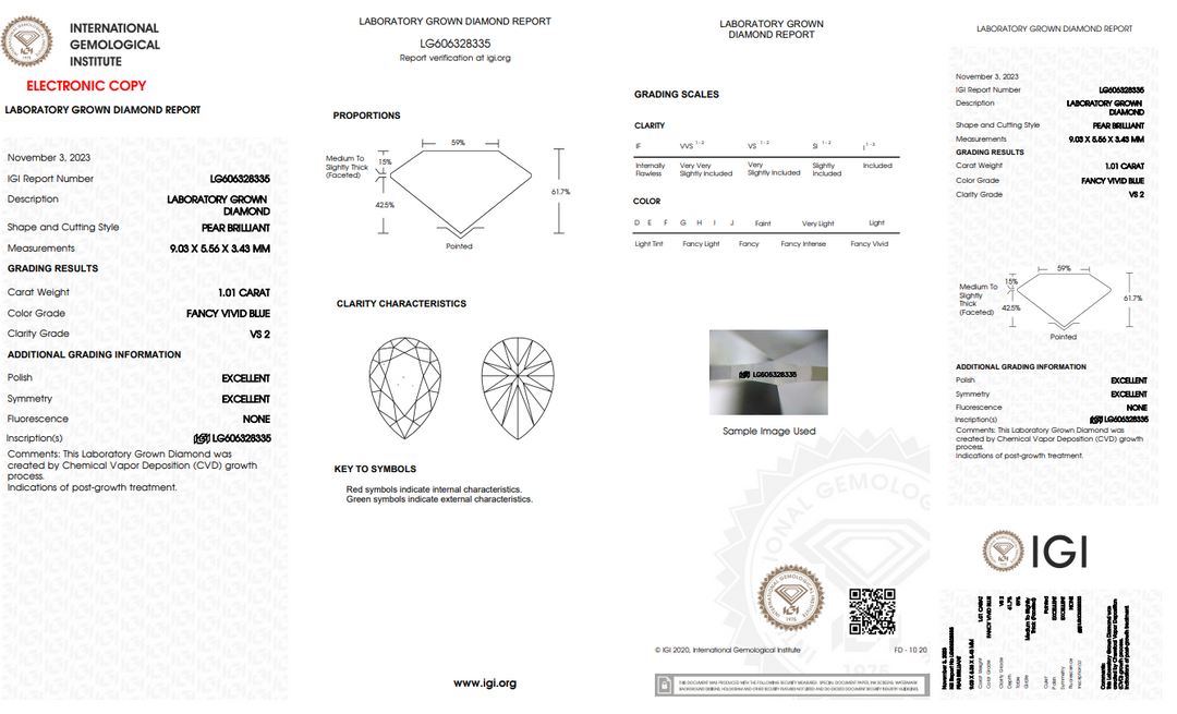 IGI CERTIFIED 1.01 CARAT PEAR-SHAPED LAB-GROWN DIAMOND WITH VS2 CLARITY IN STUNNING FANCY VIVID BLUE COLOR