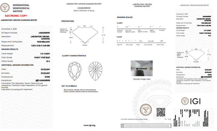 IGI CERTIFIED 1.01 CARAT PEAR-SHAPED LAB-GROWN DIAMOND WITH VS2 CLARITY IN STUNNING FANCY VIVID BLUE COLOR