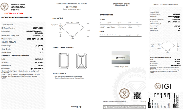 DIAMANT DE LABORATOIRE TAILLE ÉMERAUDE DE 1,01 CT CERTIFIÉ IGI AVEC CLARTÉ SI1