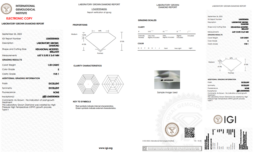 DIAMANT CULTIVÉ EN LABORATOIRE DE TAILLE HEXAGONALE DE 1,03 CT CERTIFIÉ IGI - VVS1 - COULEUR E