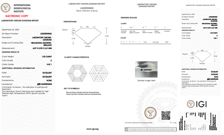 DIAMANT CULTIVÉ EN LABORATOIRE DE TAILLE HEXAGONALE DE 1,03 CT CERTIFIÉ IGI - VVS1 - COULEUR E