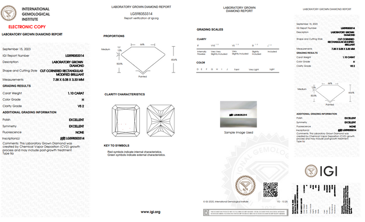 IGI CERTIFIED 1.10 CT RADIANT CUT LAB-GROWN DIAMOND, VS2 CLARITY, H COLOR