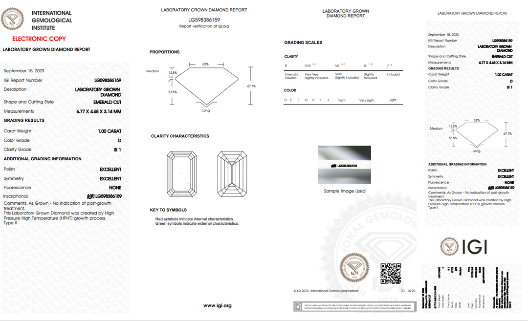 IGI CERTIFIED 1 CT EMERALD CUT LAB-GROWN DIAMOND, SI1 CLARITY