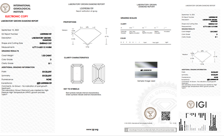 IGI CERTIFIED 1 CT EMERALD CUT LAB-GROWN DIAMOND, SI1 CLARITY