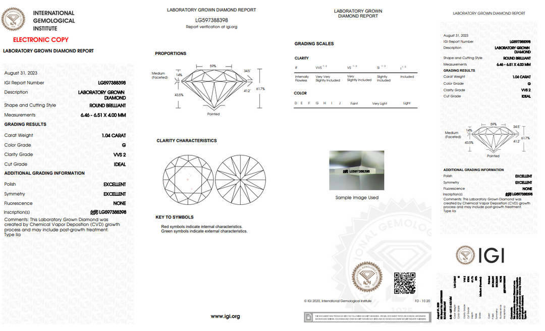 DIAMANTE REDONDO CRECIDO EN LABORATORIO DE 1,04 CT, CERTIFICADO IGI, COLOR VVS2, G