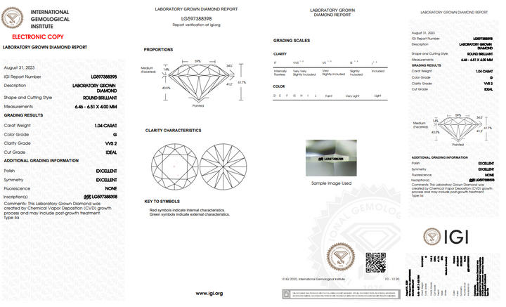 DIAMANTE REDONDO CRECIDO EN LABORATORIO DE 1,04 CT, CERTIFICADO IGI, COLOR VVS2, G