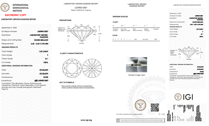 IGI CERTIFIED 1.02 CT ROUND LAB GROWN DIAMOND - SI1 CLARITY