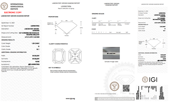 DIAMANT CULTIVÉ EN LABORATOIRE RADIANT DE 1,05 CT CERTIFIÉ IGI - CLARTÉ VS1 - COULEUR G