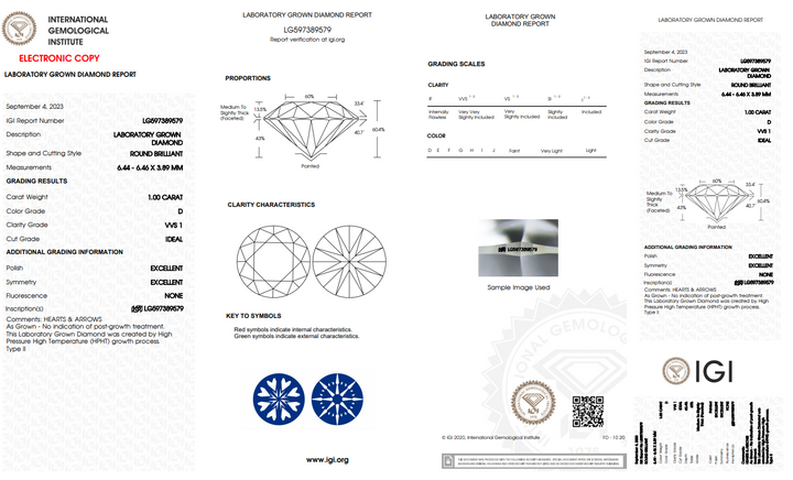 DIAMANTE REDONDO CULTIVADO EN LABORATORIO DE 1 CT CON CERTIFICACIÓN IGI/VVS1/D