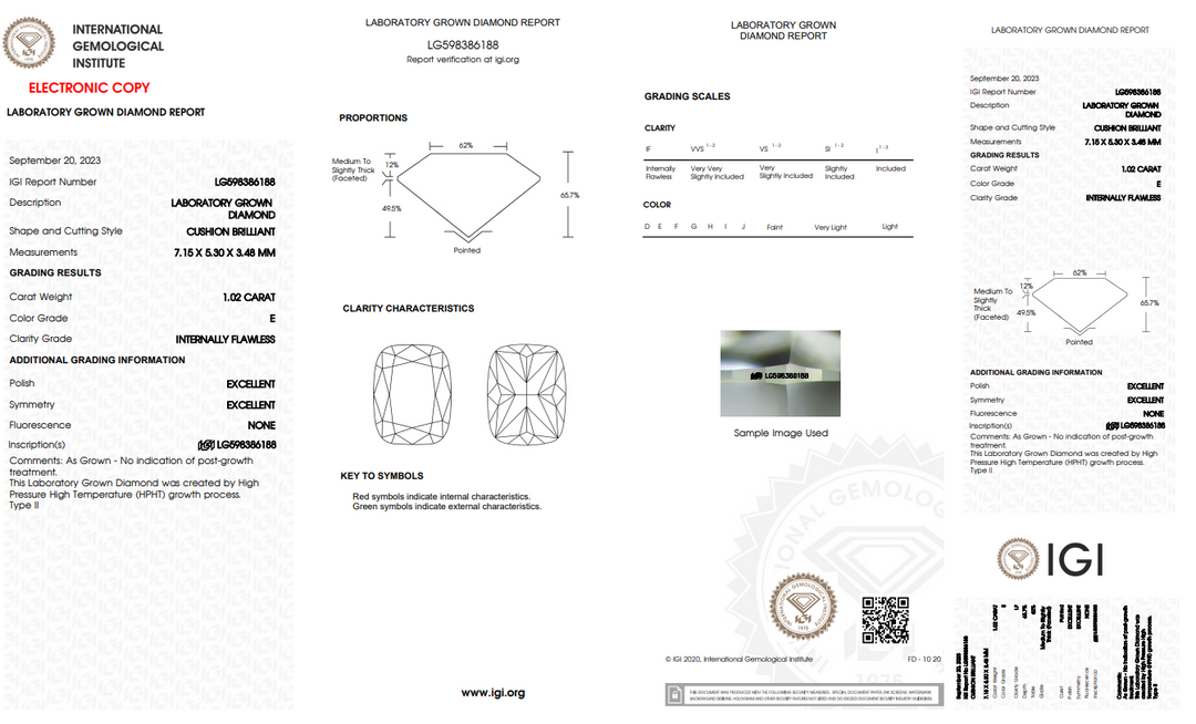 DIAMANT CULTIVÉ EN LABORATOIRE DE 1,02 CT LONG COUSSIN CERTIFIÉ IGI, IMPECCABLE À L'INTÉRIEUR, COULEUR E 