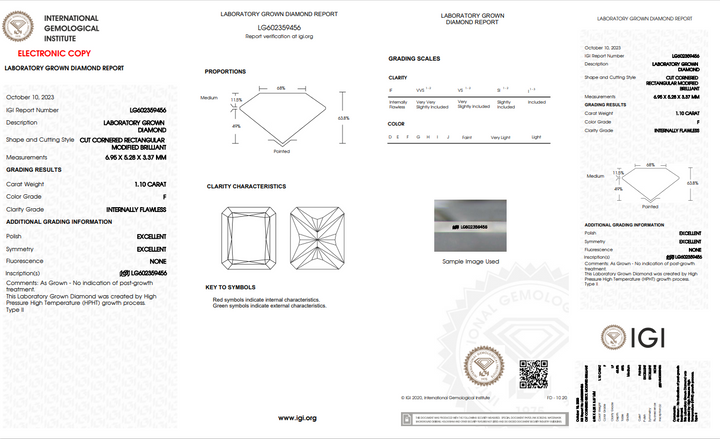 IGI CERTIFIED 1.10 CT RADIANT CUT LAB-GROWN DIAMOND, FLAWLESS CLARITY, COLOR GRADE: F