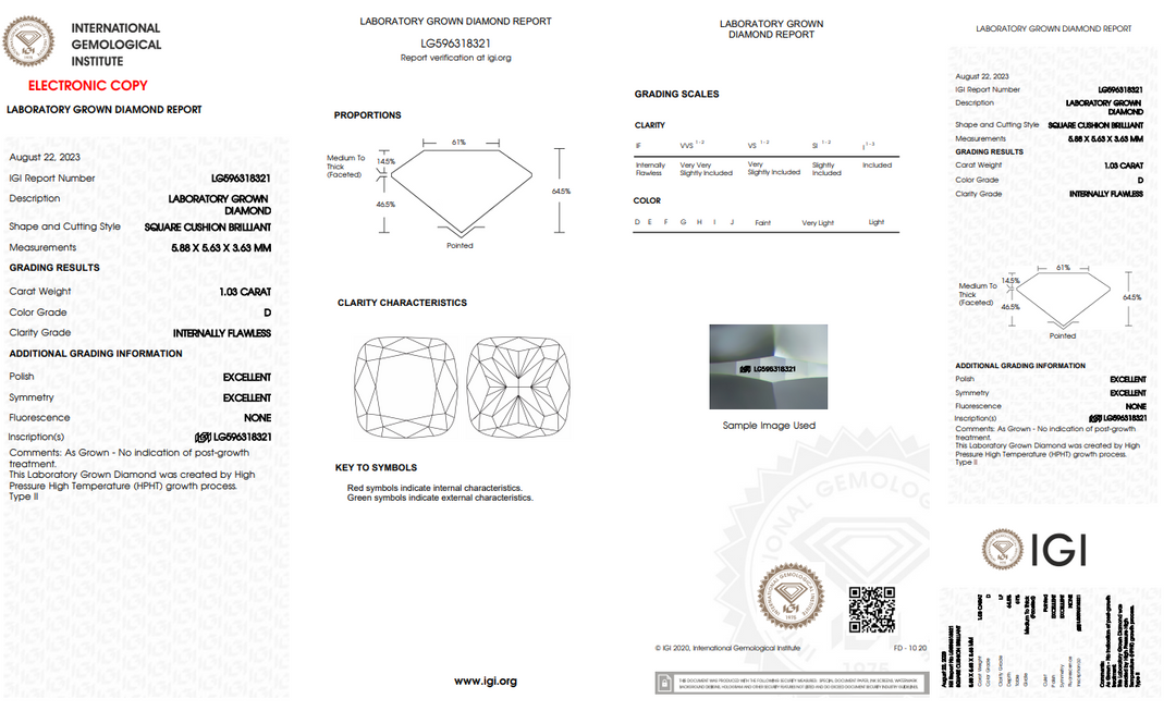 IGI CERTIFIED 1.03 CT CUSHION CUT LAB GROWN DIAMOND, INTERNALLY FLAWLESS (IF), D COLOR