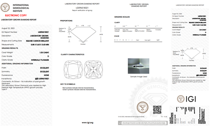 IGI CERTIFIED 1.03 CT CUSHION CUT LAB GROWN DIAMOND, INTERNALLY FLAWLESS (IF), D COLOR