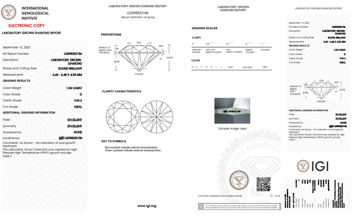 1.04 CT ROUND LAB-GROWN DIAMOND/VVS2/D/IGI CERTIFIED