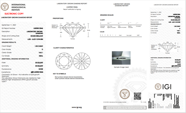 DIAMANTE REDONDO CRECIDO EN LABORATORIO DE 1,05 CT CON CLARIDAD VVS1