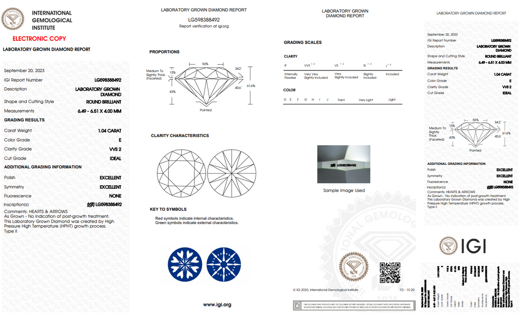 IGI CERTIFIED 1.04 CT ROUND LAB-GROWN DIAMOND, VVS2, E COLOR