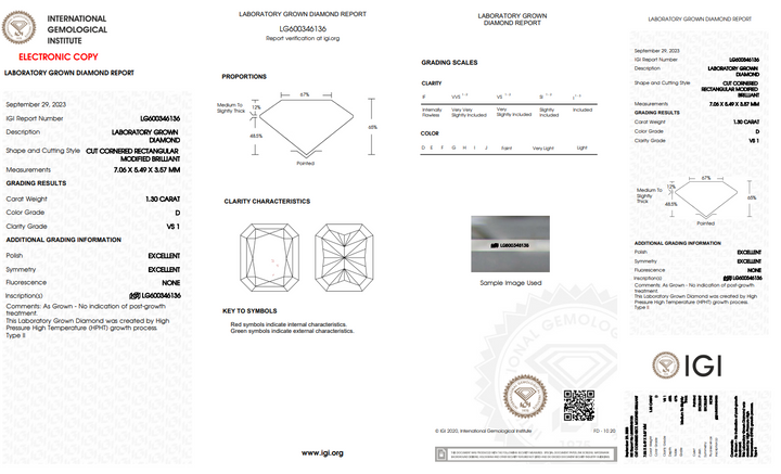 IGI CERTIFIED 1.30 CT RADIANT CUT LAB-GROWN DIAMOND - VS1 CLARITY - D COLOR