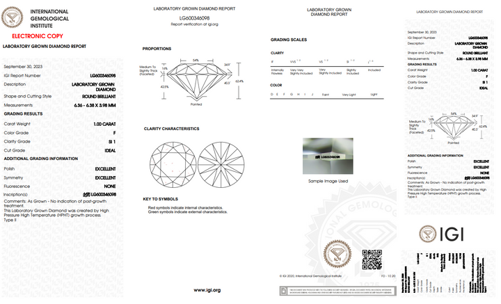 IGI CERTIFIED 1 CT ROUND LAB-GROWN DIAMOND, SI1 CLARITY