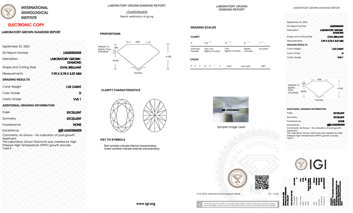 IGI CERTIFIED 1.03 CT OVAL LAB-GROWN DIAMOND, VVS1 CLARITY