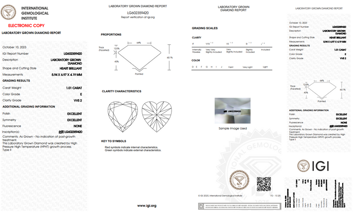 IGI CERTIFIED 1.01 CT HEART-SHAPED LAB-GROWN DIAMOND, VVS2 CLARITY, E COLOR