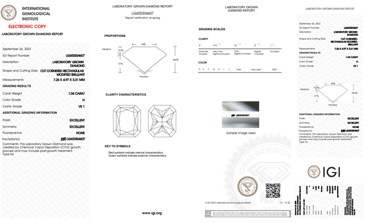 DIAMANT CULTIVÉ EN LABORATOIRE RADIANT DE 1,04 CT CERTIFIÉ IGI, CLARTÉ VS1, COULEUR H AVEC TEINTE MÉLANGÉE