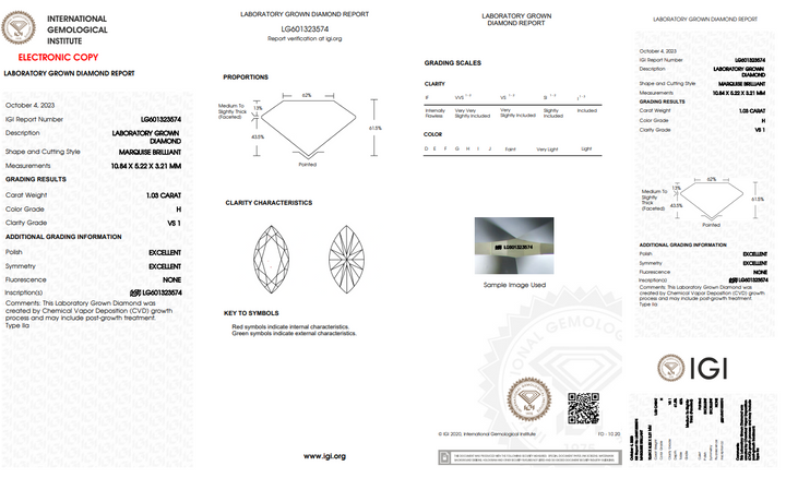 IGI CERTIFIED 1.03 CT MARQUISE LAB GROWN DIAMOND, VS1 CLARITY, H COLOR