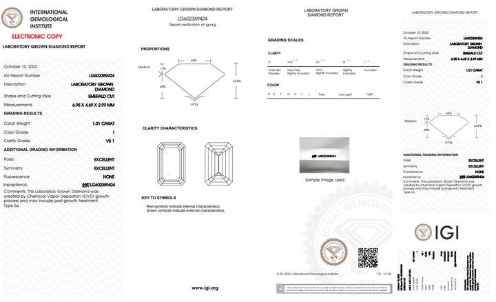 IGI CERTIFIED 1.01 CT EMERALD CUT LAB-GROWN DIAMOND, VS1 CLARITY