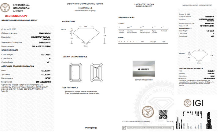 IGI CERTIFIED 1 CT EMERALD LAB-GROWN DIAMOND, VS1 CLARITY, H COLOR