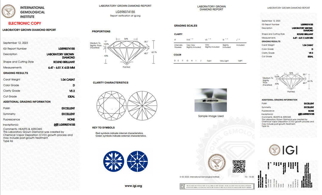 IGI CERTIFIED 1.04 CT ROUND LAB-GROWN DIAMOND - VS2 CLARITY