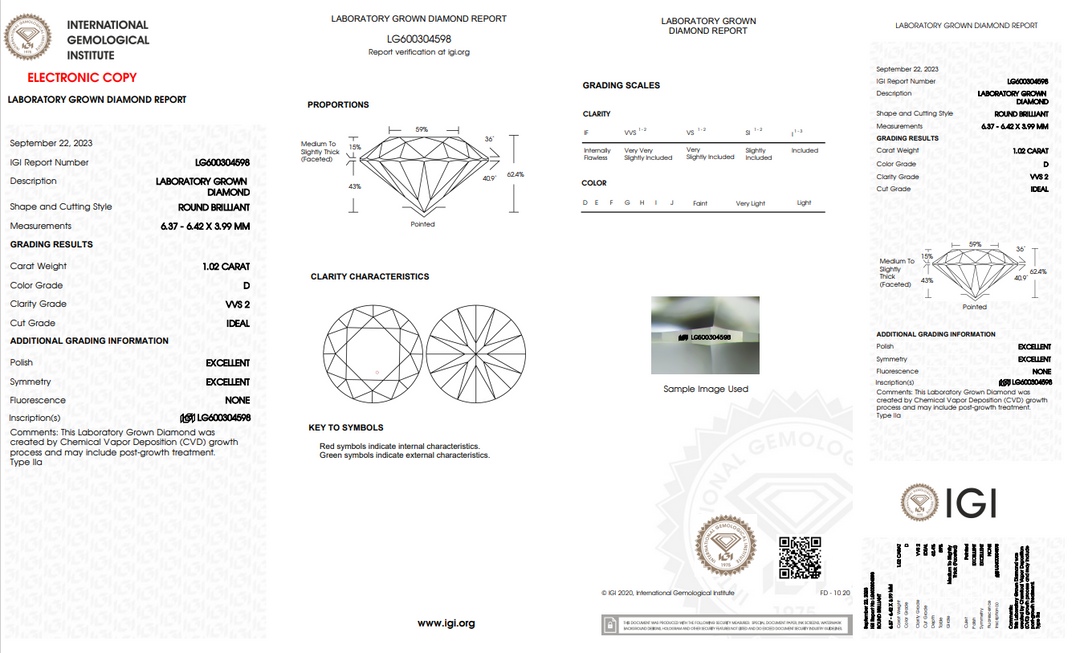 IGI CERTIFIED 1.02 CT ROUND LAB GROWN DIAMOND, VVS2 CLARITY