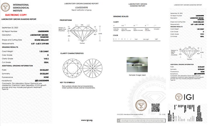 IGI CERTIFIED 1.02 CT ROUND LAB GROWN DIAMOND, VVS2 CLARITY