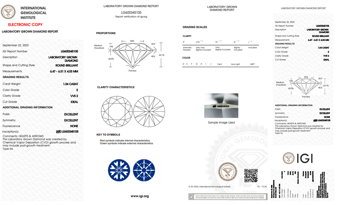 IGI CERTIFIED 1.04 CT ROUND LAB GROWN DIAMOND, VVS2, E COLOR