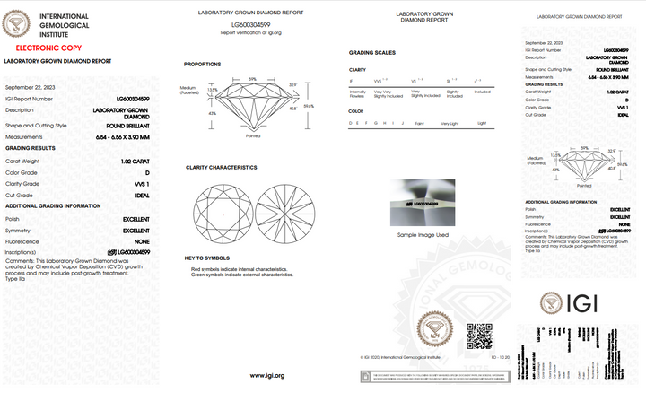 IGI CERTIFIED 1.02 CT ROUND LAB GROWN DIAMOND - VVS1 D COLOR