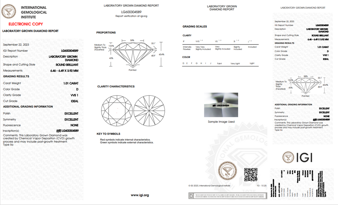 IGI CERTIFIED 1.01 CT ROUND LAB-GROWN DIAMOND WITH VVS1 CLARITY