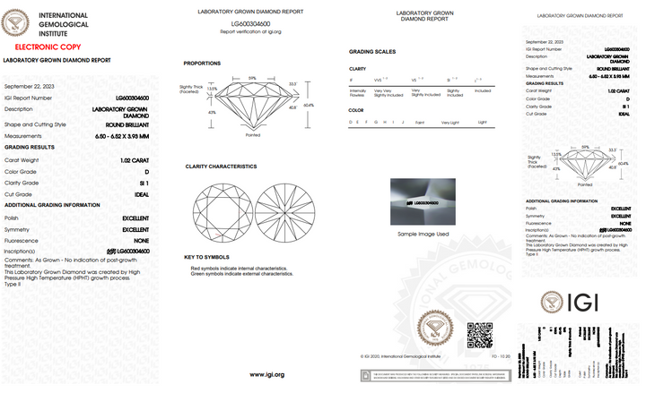 IGI CERTIFIED 1.02 CT ROUND LAB GROWN DIAMOND WITH SI1 CLARITY