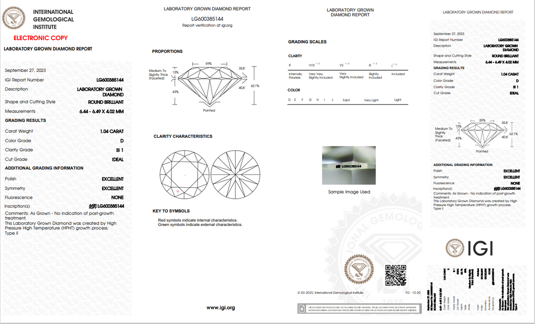 IGI CERTIFIED 1.04 CT ROUND LAB-GROWN DIAMOND, SI1 CLARITY