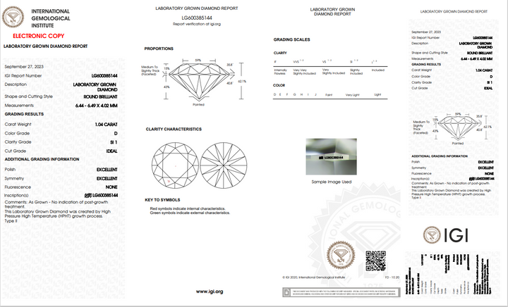 IGI CERTIFIED 1.04 CT ROUND LAB-GROWN DIAMOND, SI1 CLARITY