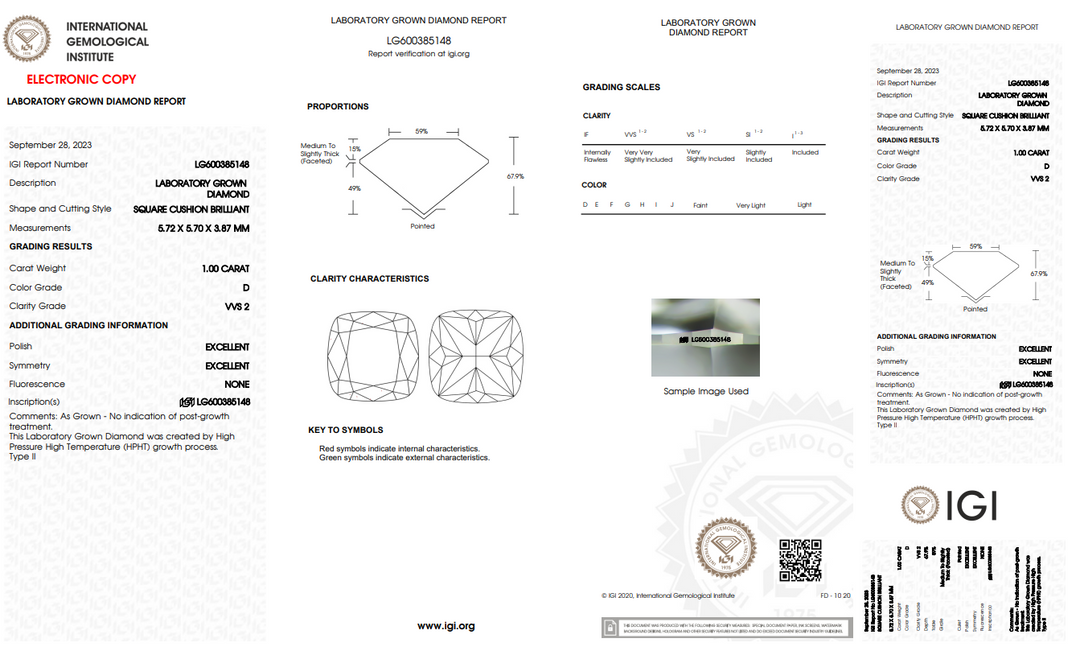 DIAMANTE CRECIDO EN LABORATORIO DE 1,00 CT DE TALLA BRILLANTE CUSHION CON CERTIFICACIÓN IGI - COLOR VVS2/D