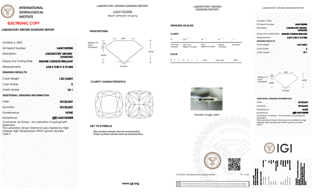 IGI CERTIFIED 1.00 CT CUSHION BRILLIANT CUT LAB-GROWN DIAMOND, VS1 CLARITY, E COLOR