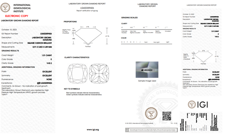 DIAMANT CULTIVÉ EN LABORATOIRE TAILLE BRILLANT COUSSIN 1,01 CT CERTIFIÉ IGI - COULEUR VVS2/E