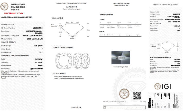 IGI CERTIFIED 1.00 CT CUSHION BRILLIANT CUT LAB GROWN DIAMOND, VS1 CLARITY, E COLOR