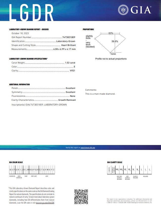 GIA CERTIFIED 1.02 CT HEART-SHAPED LAB-GROWN DIAMOND | VVS1 CLARITY | E COLOR