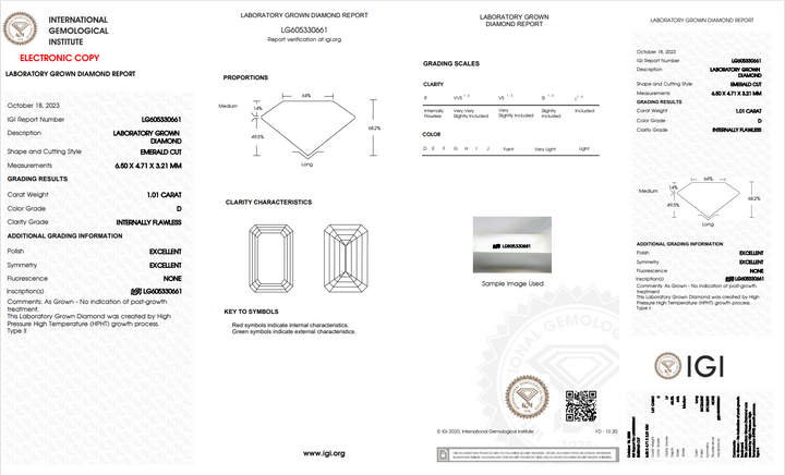 IGI CERTIFIED 1.01 CT EMERALD LAB GROWN DIAMOND, INTERNALLY FLAWLESS (IF/D)