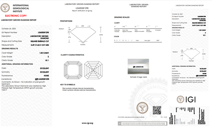 IGI CERTIFIED 1.00 CT SQUARE EMERALD LAB-GROWN DIAMOND - VS1 CLARITY, E COLOR