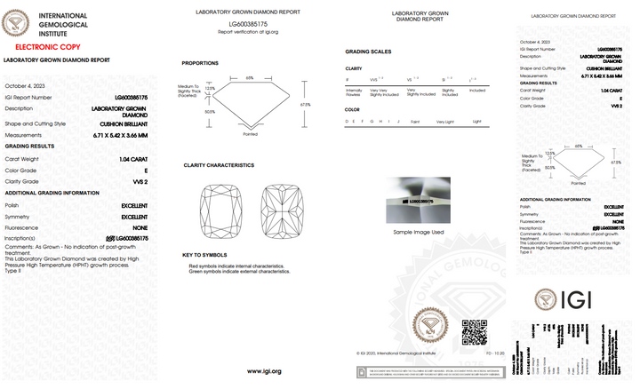 IGI CERTIFIED 1.04 CT LONG CUSHION BRILLIANT CUT LAB-GROWN DIAMOND, VVS2 CLARITY, E COLOR