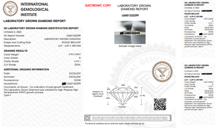 IGI CERTIFIED 0.95 CT ROUND LAB-GROWN DIAMOND WITH VVS1 CLARITY